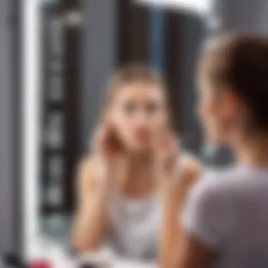 A young girl applying makeup in a mirror