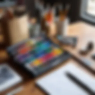 An artist's workspace with various art supplies arranged neatly