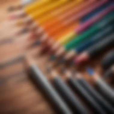 An array of drawing tools including pencils, charcoal, and pastels