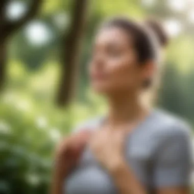 A beginner engaging in a specific breathing exercise outdoors