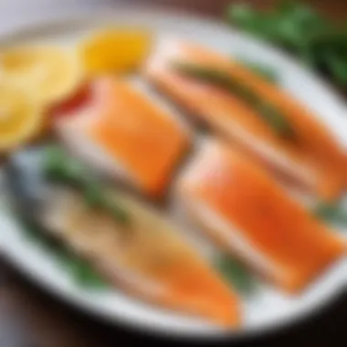 An artistic arrangement of brined fish fillets on a plate, ready to be served.