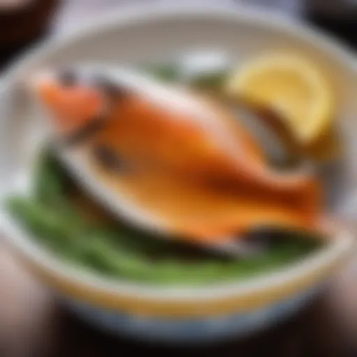 A bowl showcasing a perfectly brined piece of fish glistening with seasoning.