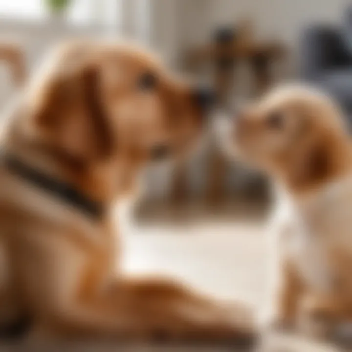 A calm puppy interacting peacefully with other dogs