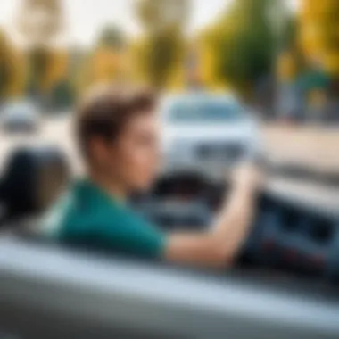 A serene student practicing driving skills on the road