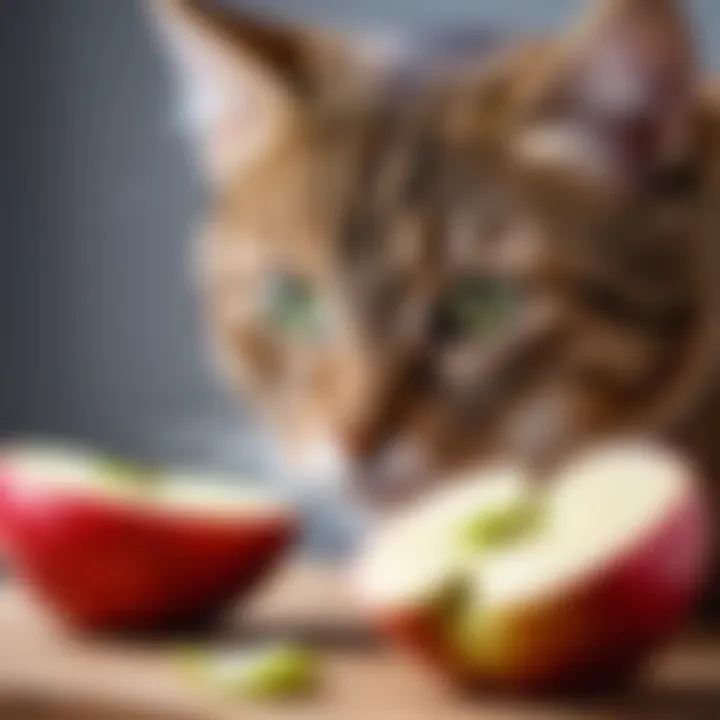 A curious cat looking at a slice of apple