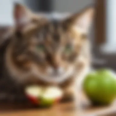 A healthy cat enjoying a small piece of apple