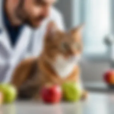 A veterinarian examining a cat with an apple in the background