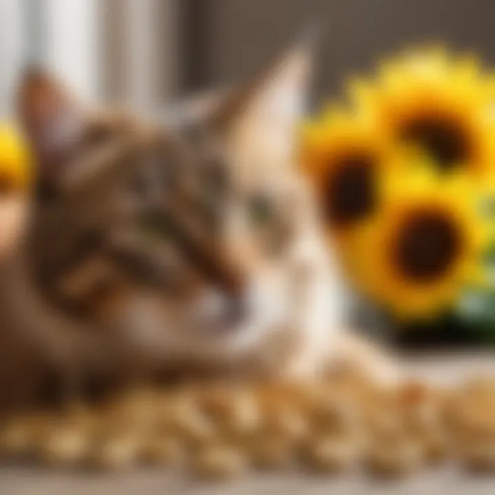 A playful cat surrounded by various pet snacks