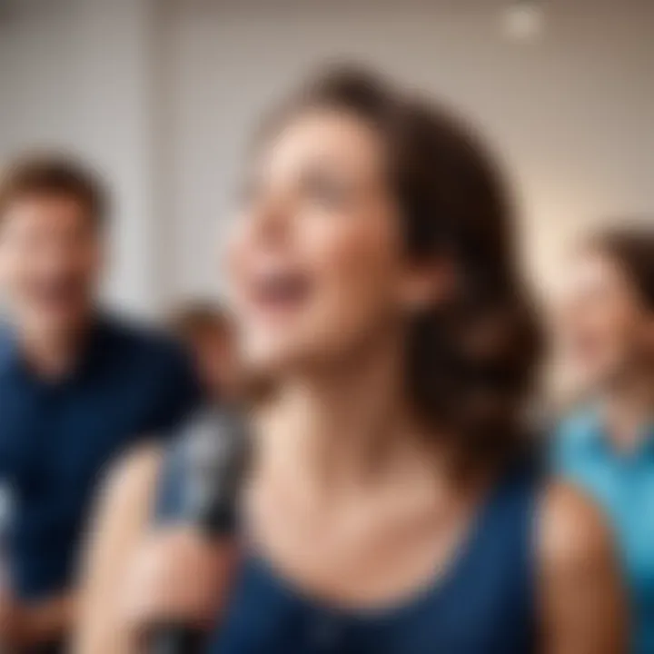 An adult enjoying a singing class, expressing joy and creativity