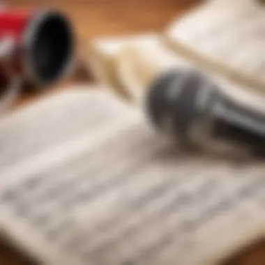 A close-up of music sheets and a microphone, symbolizing vocal practice