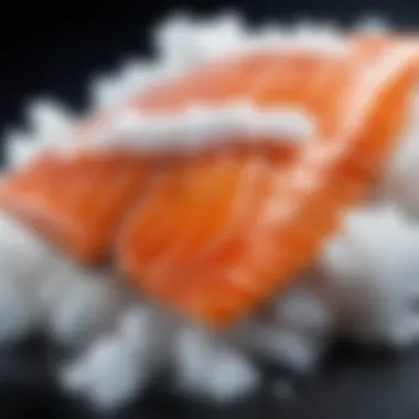 Close-up of salt flakes on a piece of fish