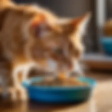 Close-up of a cat's food bowl with dry food and water.