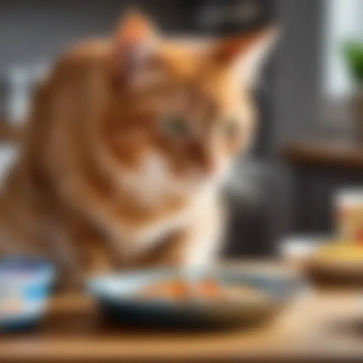 Cat eating from a bowl with nutritional labels