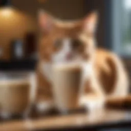 A curious cat looking at a cup of coffee with milk