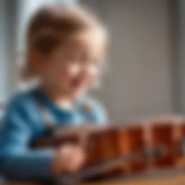 A joyful child exploring a simple musical instrument, emphasizing discovery.