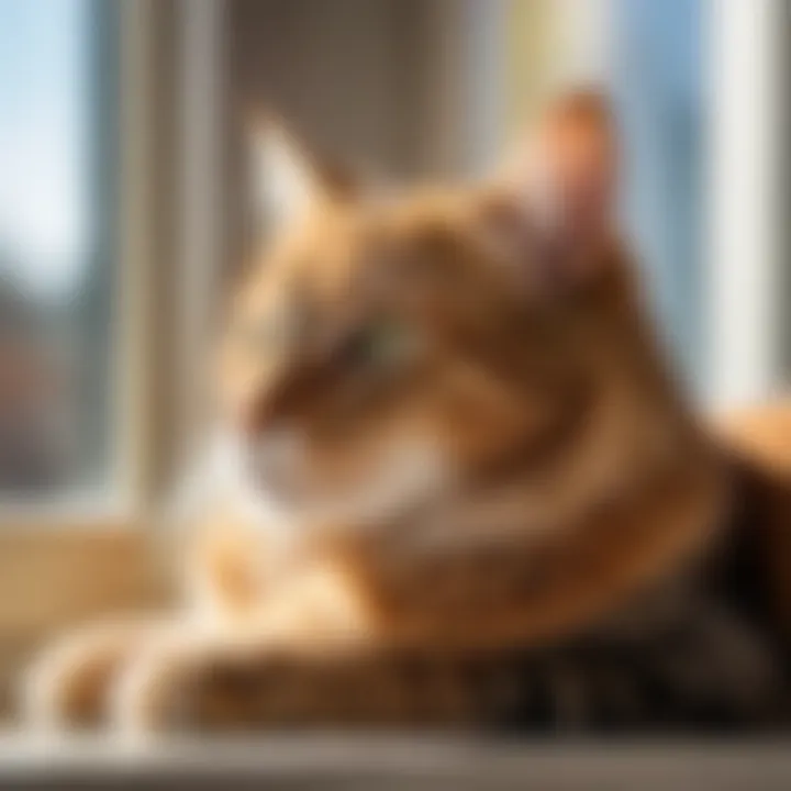 A close-up of a cat relaxing on a sunny window ledge.