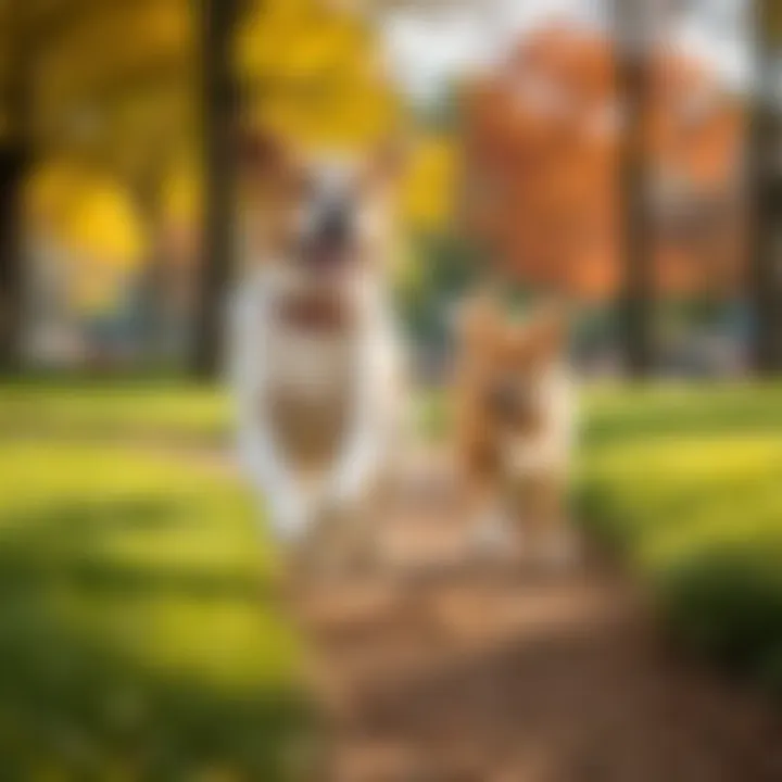 A dog playing fetch in a vibrant park setting.