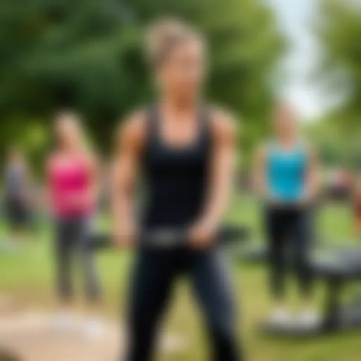 A vibrant community fitness class taking place in a park