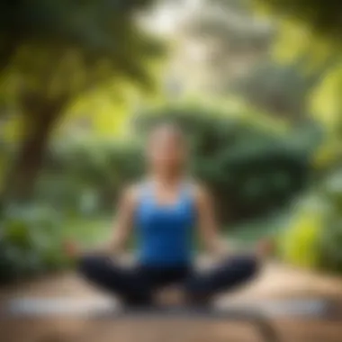 A serene outdoor setting featuring a person engaged in yoga