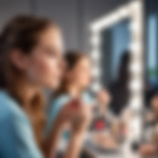 A thoughtful teenager applying makeup in front of a mirror