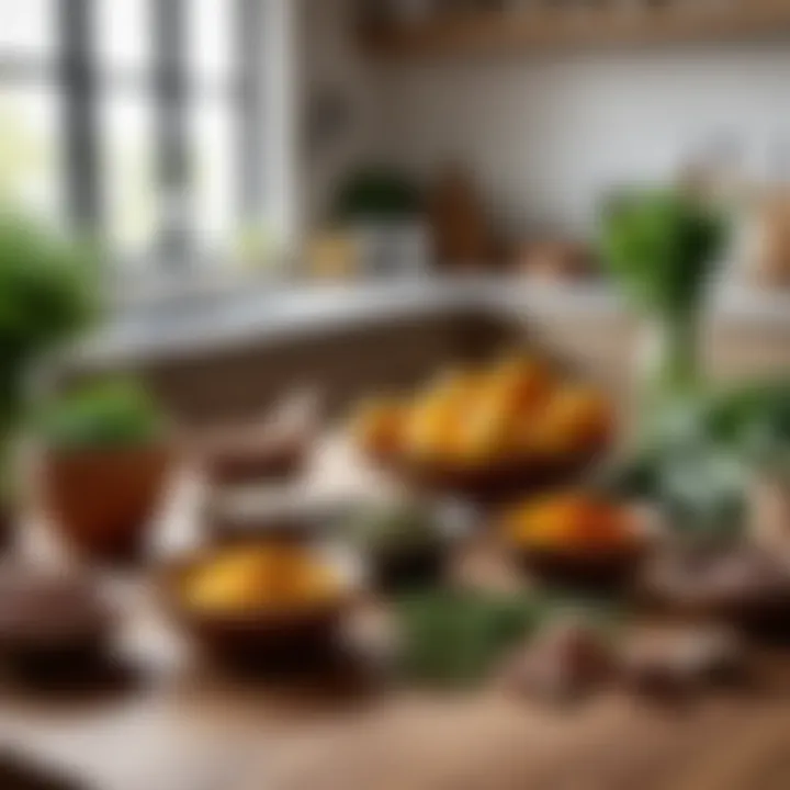 A close-up of a cozy kitchen with aromatic ingredients laid out for a comforting meal.