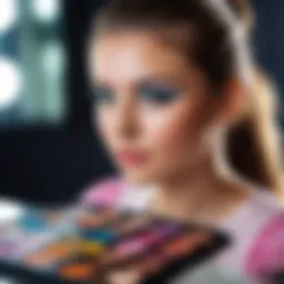 A young girl experimenting with colorful makeup palettes