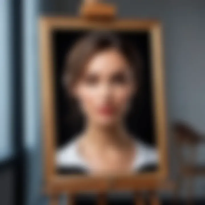 A finished portrait artwork displayed elegantly on an easel