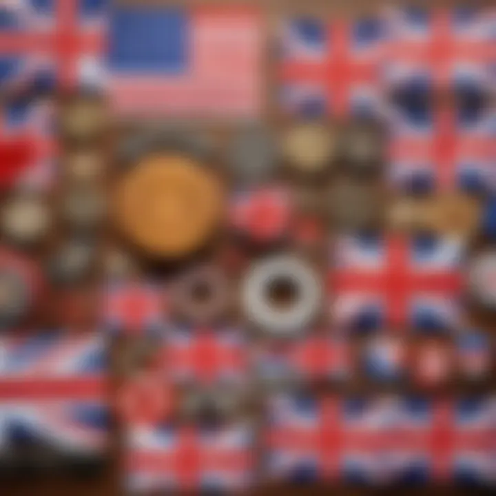 A cultural collage showcasing symbols of British, American, and Australian accents