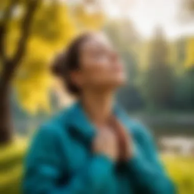 Woman practicing diaphragmatic breathing outdoors