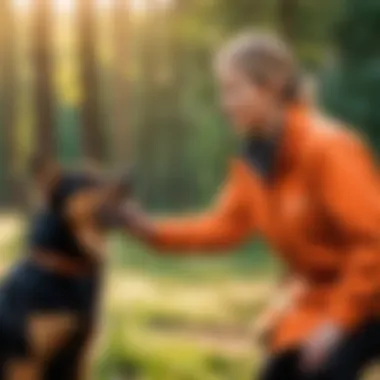 Owner calmly training a dog to minimize barking