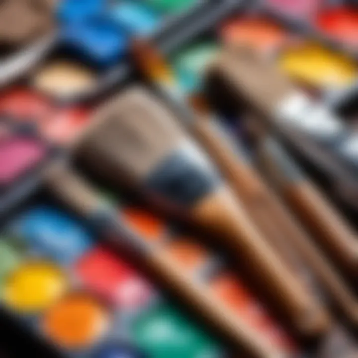 A close-up of paintbrushes and a palette filled with colors