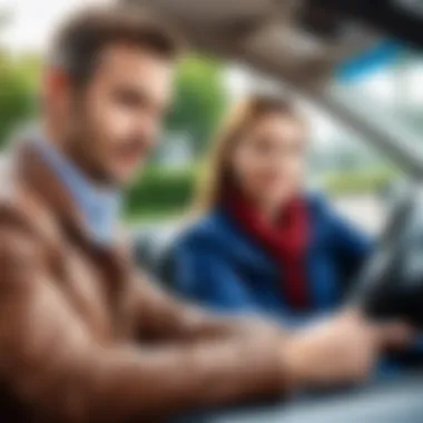 A driving instructor providing guidance to a learner.