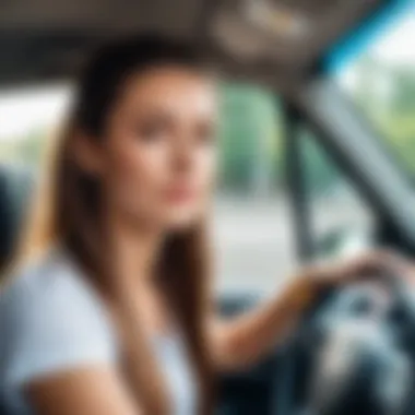 A student in a driving school car focused on the road ahead.