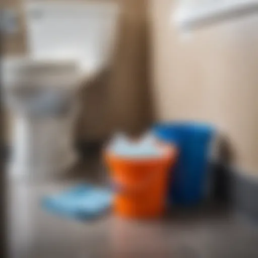 A bucket filled with water positioned next to a toilet bowl