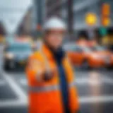 Traffic controller signaling at a busy intersection