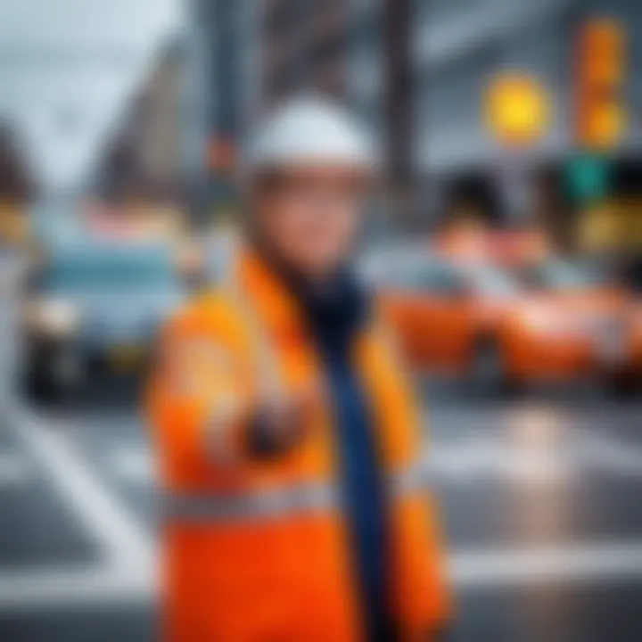 Traffic controller signaling at a busy intersection