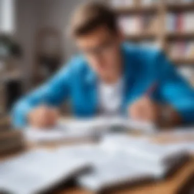 A focused student studying with books and notes spread out