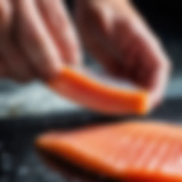 Close-up of a knife slicing through a perfectly cured salmon fillet