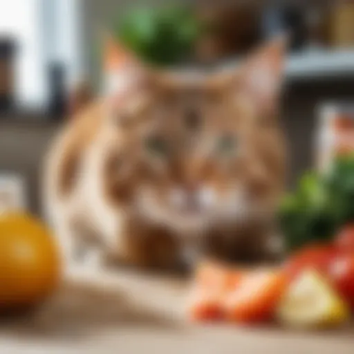 Cat exploring fresh ingredients