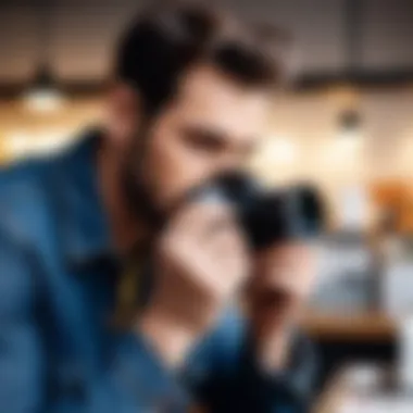 A photographer reviewing film options with a camera in hand, contemplating different choices