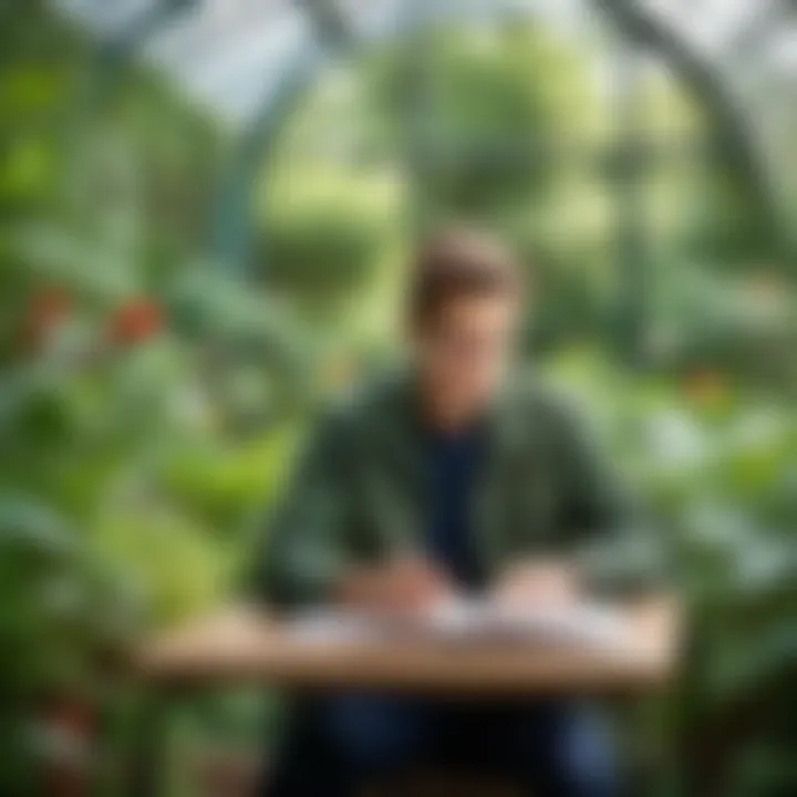 An individual studying in a botanical garden.