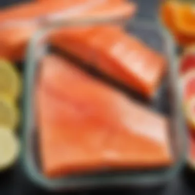 Brined pink salmon fillets in a glass container