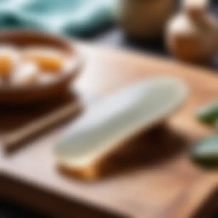 Close-up of a gua sha tool resting on a beauty table