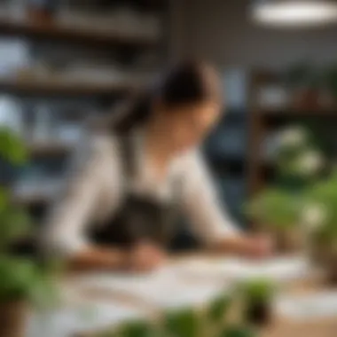 A botanical researcher cataloging herbarium specimens in a well-organized workspace