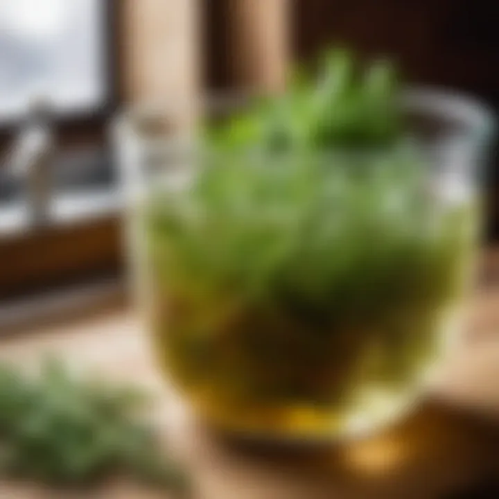 Brining solution in a glass bowl with herbs