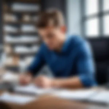 A focused individual working diligently at a desk with notes and a laptop