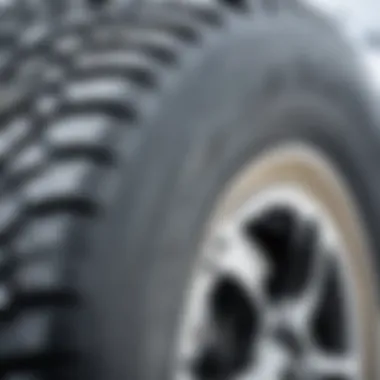 Close-up of a winter tire with visible studs