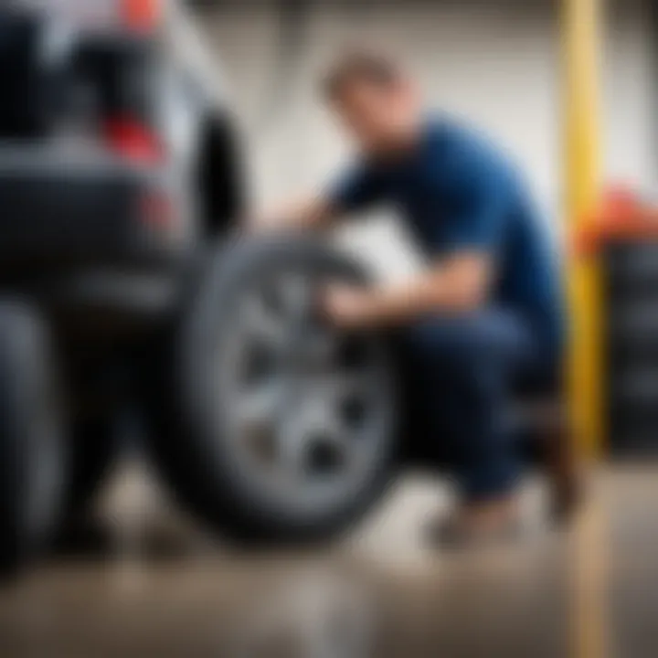 Person working on a tire in a well-lit garage setting