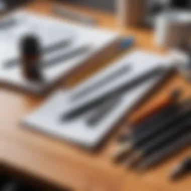 Close-up of various drawing tools on a workspace