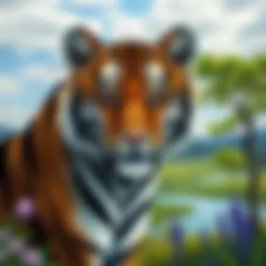 A serene landscape background that enhances the tiger drawing